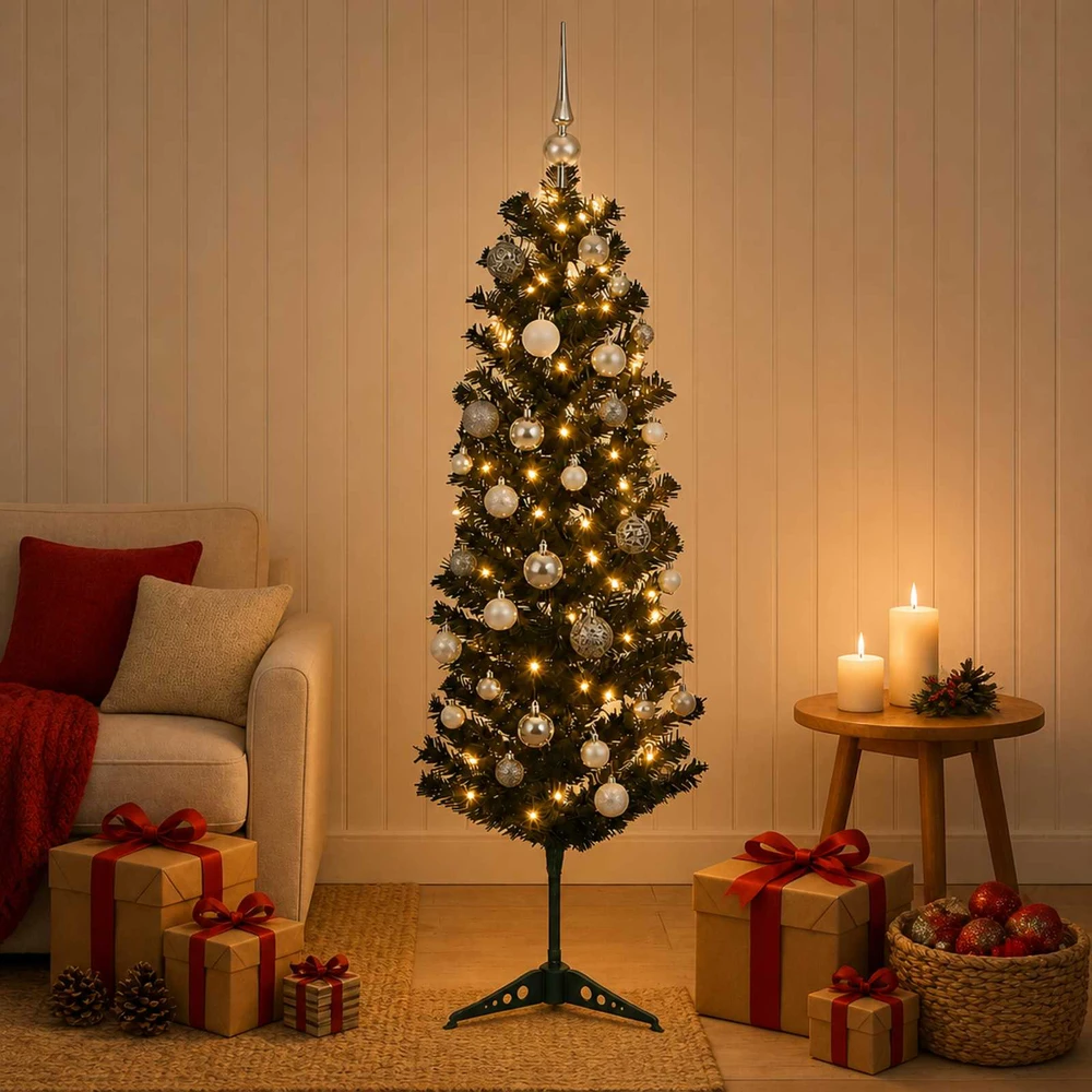 Dirbtinė siaura kalėdinė eglutė su žaisliuku 120 cm 150 LED