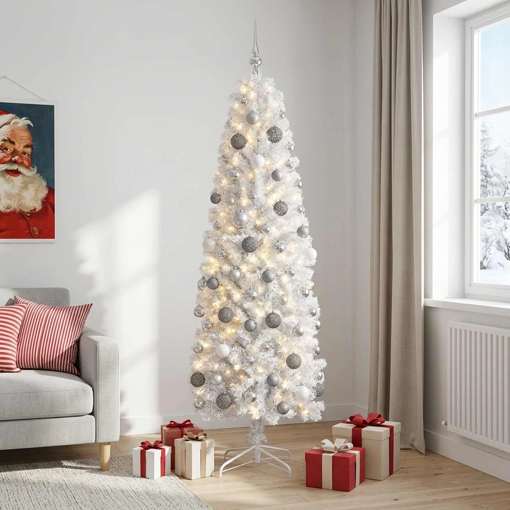 Dirbtinė siaura kalėdinė eglutė su žaisliuku 210 cm 300 LED