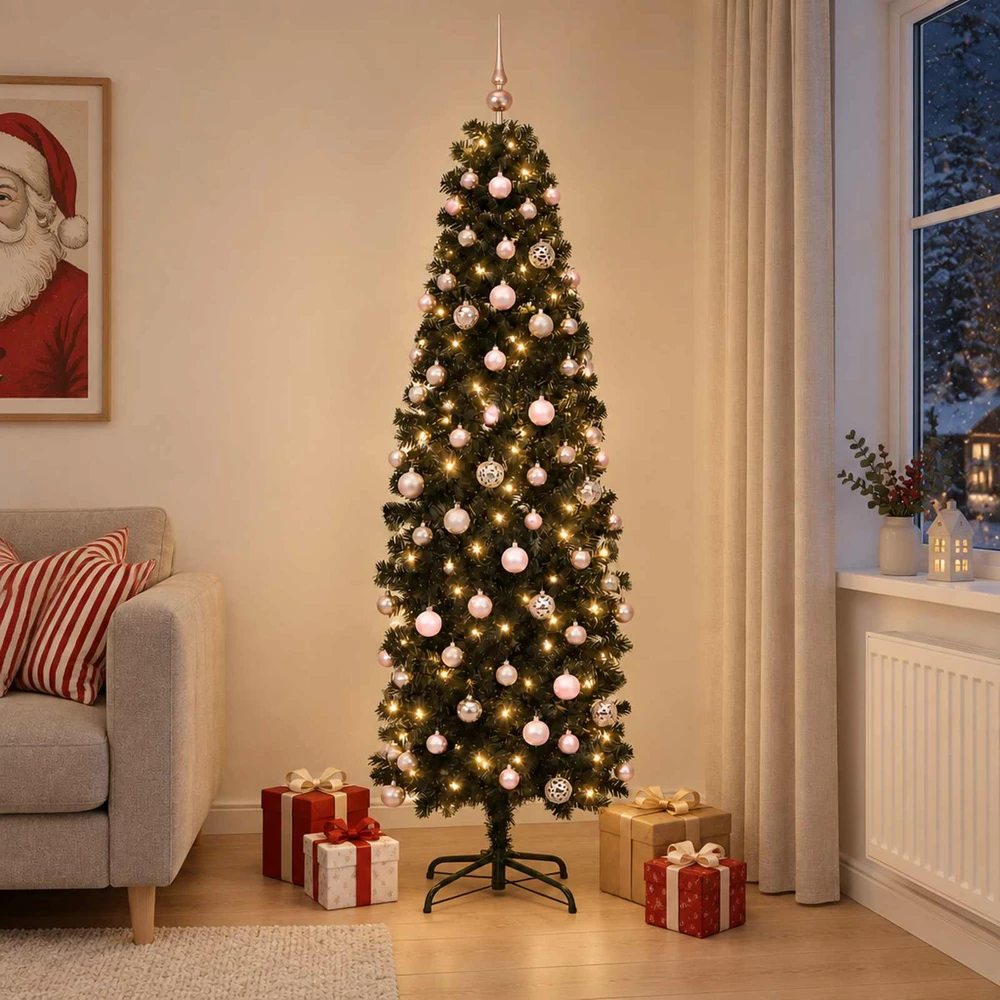 Dirbtinė siaura kalėdinė eglutė su žaisliuku 210 cm 300 LED