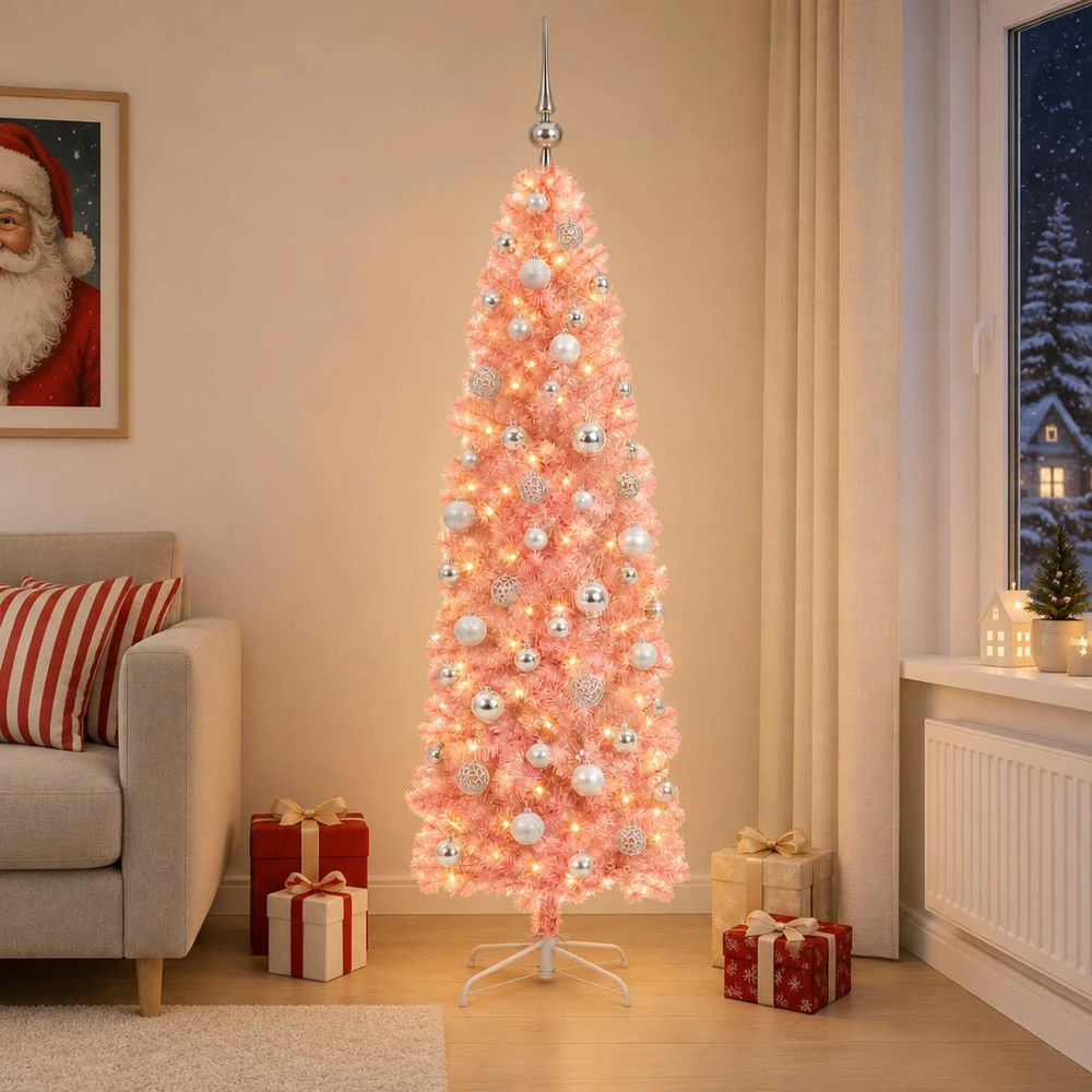 Dirbtinė siaura kalėdinė eglutė su žaisliuku 240 cm 300 LED