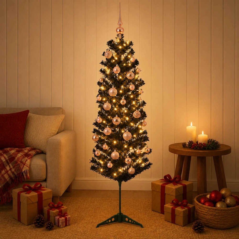 Dirbtinė siaura kalėdinė eglutė su žaisliuku 120 cm 150 LED