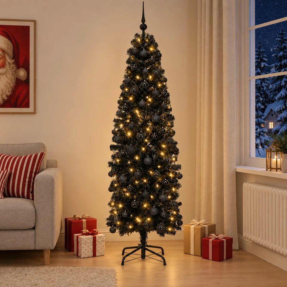 Dirbtinė siaura kalėdinė eglutė su žaisliuku 180 cm 300 LED