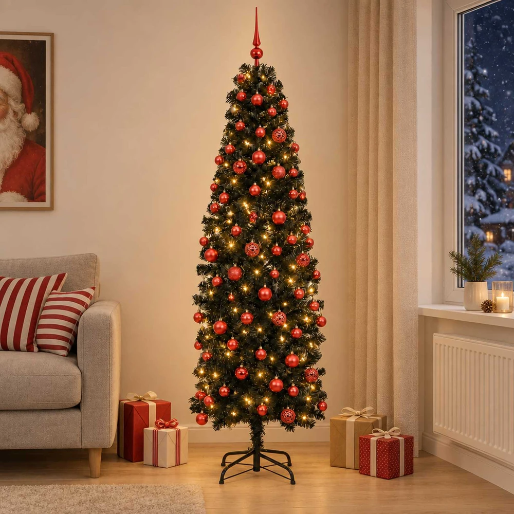 Dirbtinė siaura kalėdinė eglutė su žaisliuku 180 cm 300 LED