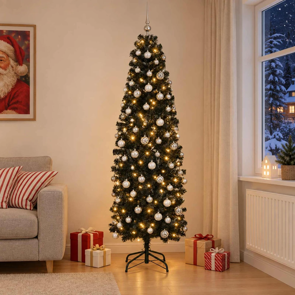 Dirbtinė siaura kalėdinė eglutė su žaisliuku 180 cm 300 LED