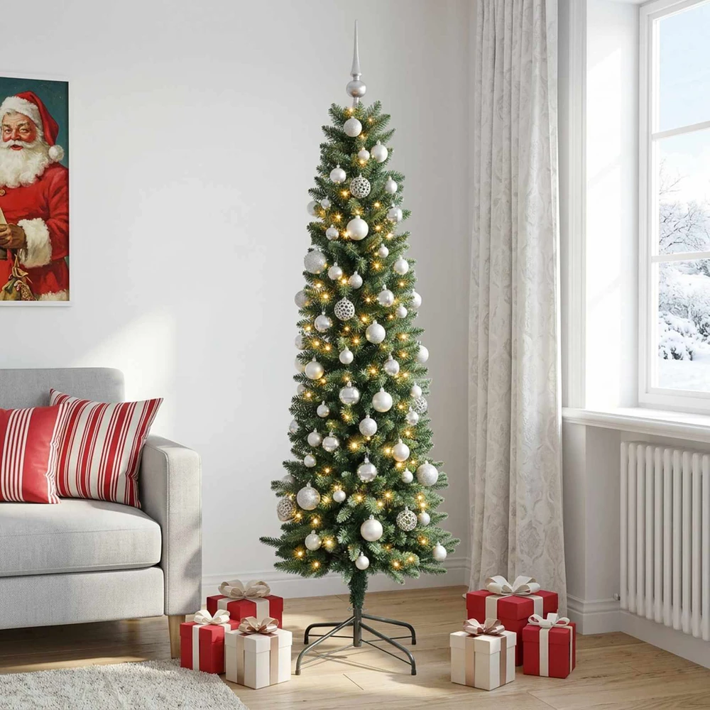 Dirbtinė siaura kalėdinė eglutė su žaisliuku 210 cm 300 LED