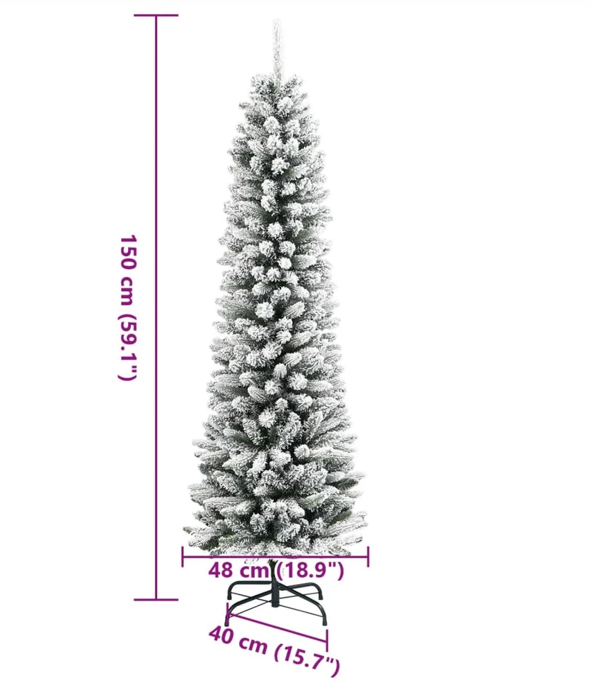 Dirbtinė siaura Kalėdų eglutė su sniegu, 150cm, PVC ir PE