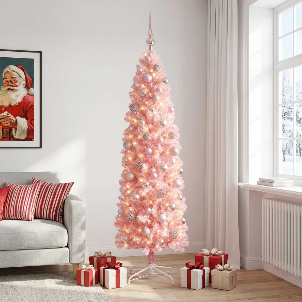 Dirbtinė siaura Kalėdų eglutė su žaisliukais 240 cm 300 LED