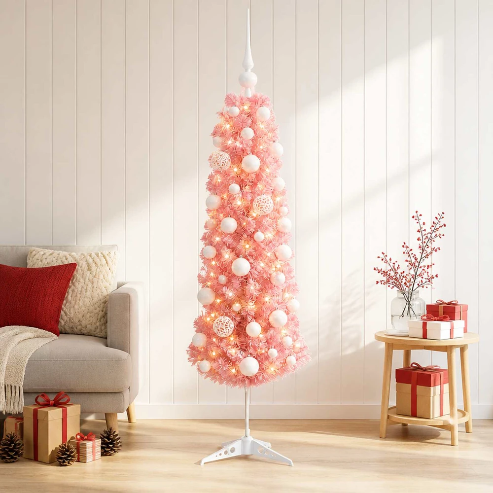 Dirbtinė siaura Kalėdų eglutė su žaisliukais 150 cm 150 LED