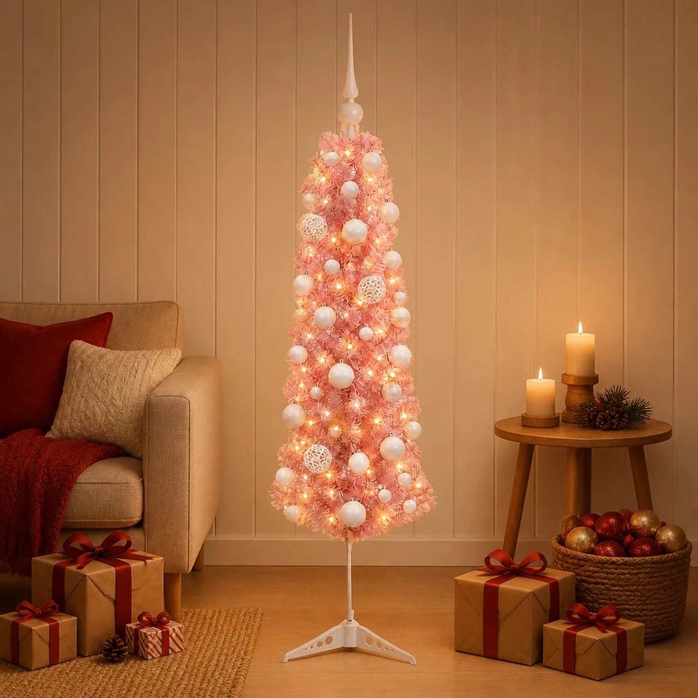 Dirbtinė siaura Kalėdų eglutė su žaisliuku 120 cm 150 LED