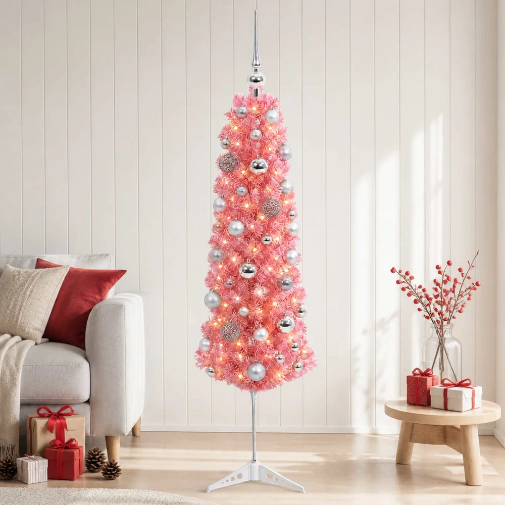 Dirbtinė siaura Kalėdų eglutė su žaisliuku 120 cm 150 LED