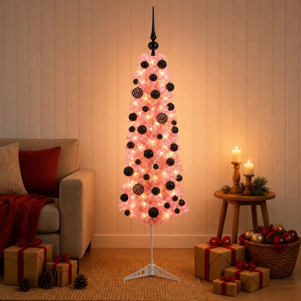 Dirbtinė siaura Kalėdų eglutė su žaisliuku 120 cm 150 LED