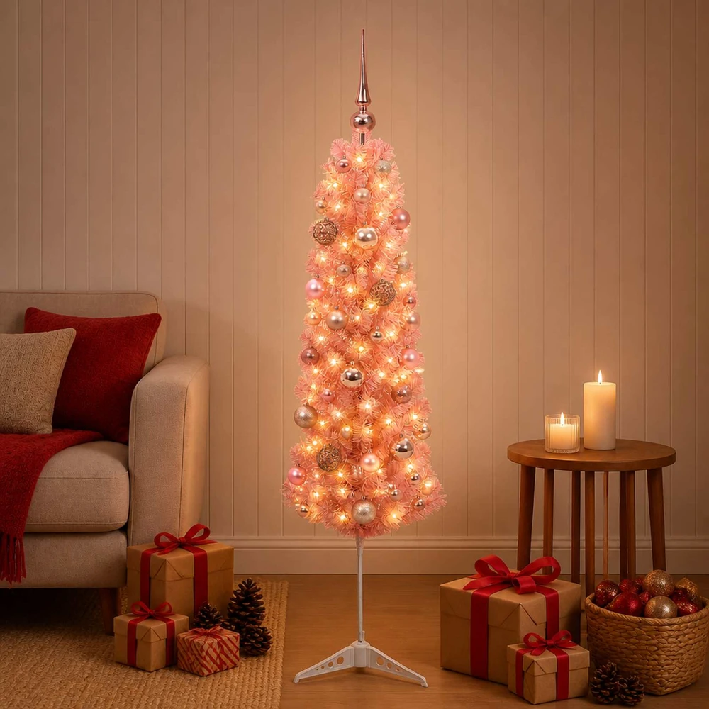 Dirbtinė siaura Kalėdų eglutė su žaisliuku 120 cm 150 LED