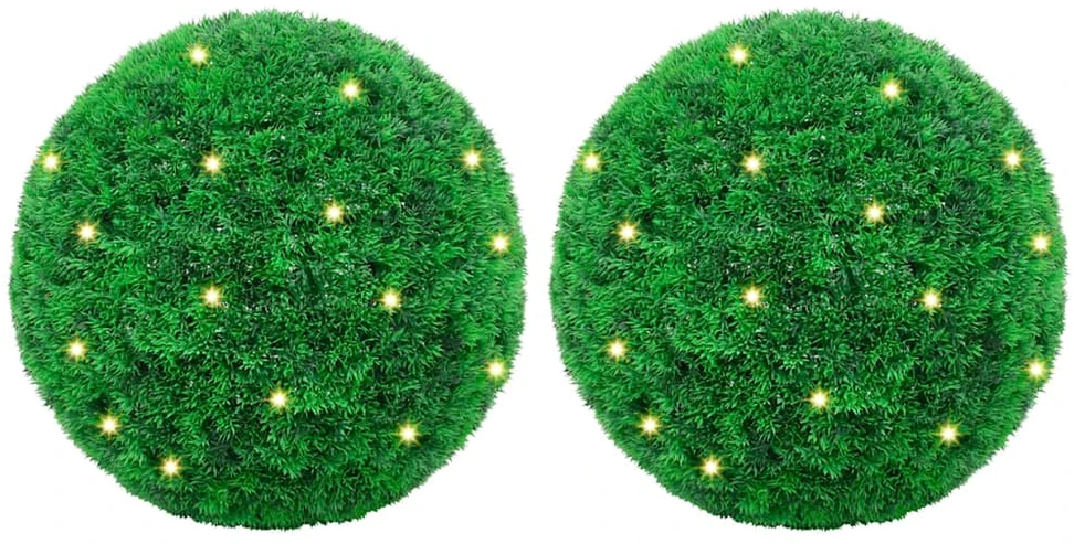 Dirbtiniai buksmedžio krūmai su LED lemputėmis 2vnt. žalia 27cm