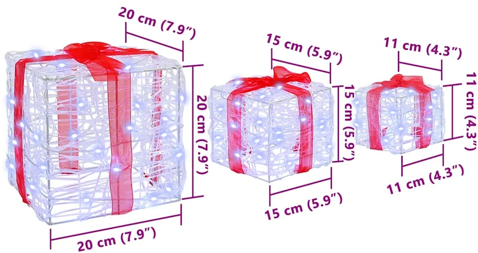 Dovanų Dėžė 3 vnt. 60 LED Šalta balta 20 x 20 x 20 cm Akrilas
