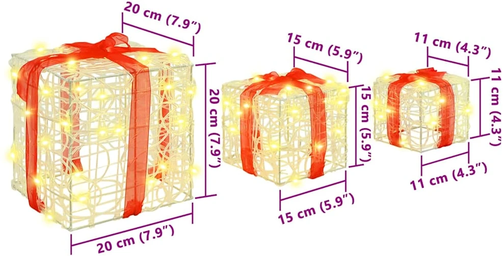 Dovanų Dėžė 3 vnt. 60 LED Šilta balta 20 x 20 x 20 cm Akrilas