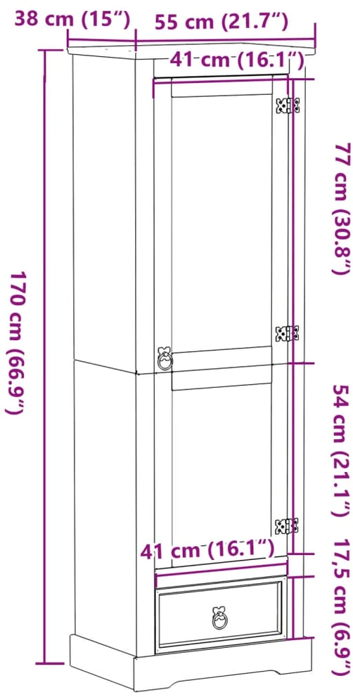Drabužių spinta Corona, 55x38x170cm, pušies medienos masyvas