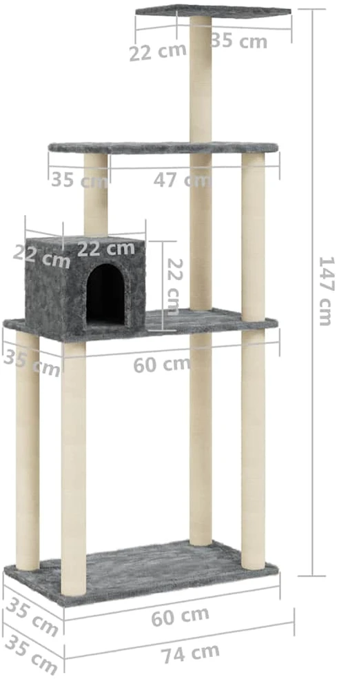 Draskyklė katėms su stovais iš sizalio, tamsiai pilka, 147cm