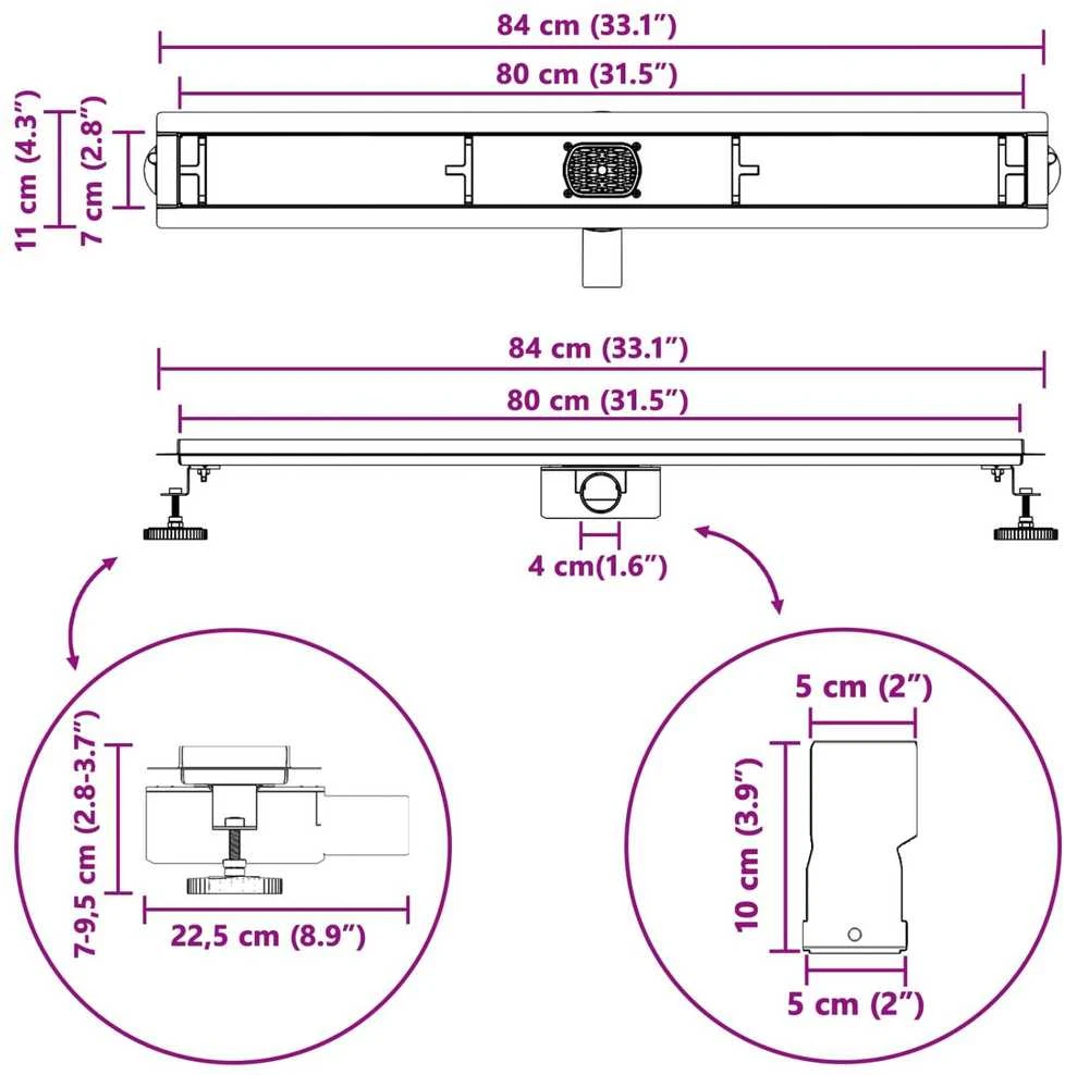 Dušo nuotekų 2-in-1 su 360° sifonu Juoda 80 cm