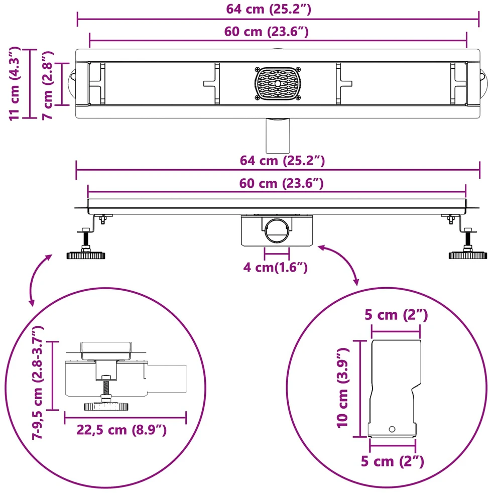 Dušo nuotekų 2-in-1 su 360° sifonu Juoda 60 cm