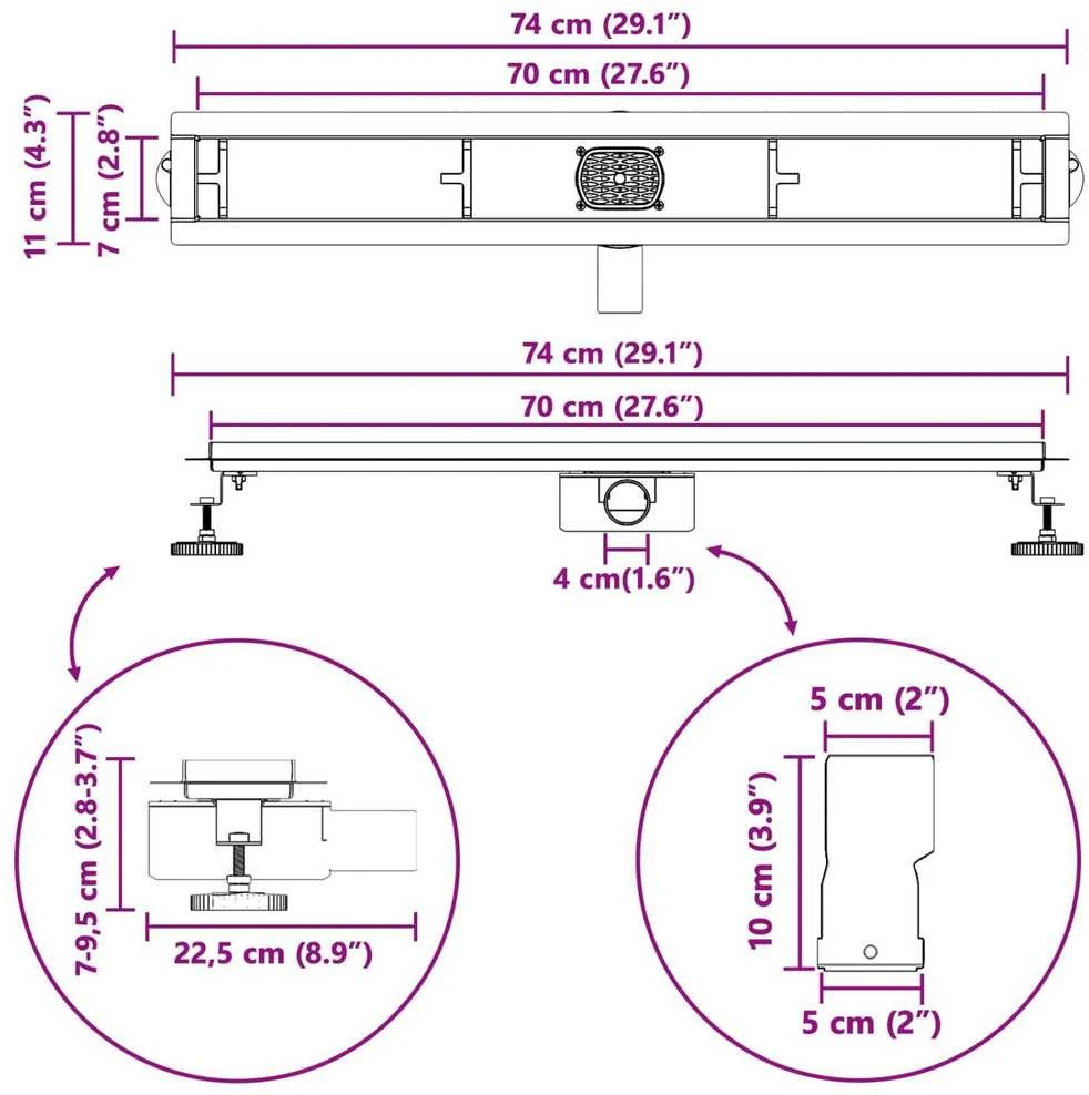 Dušo nuotekų 2-in-1 su 360° sifonu Juoda 70 cm