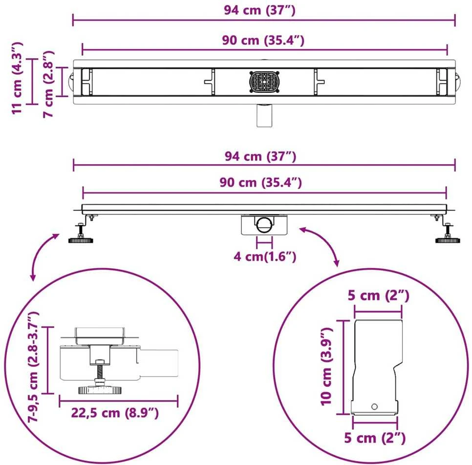 Dušo nuotekų 2-in-1 su 360° sifonu Juoda 90 cm