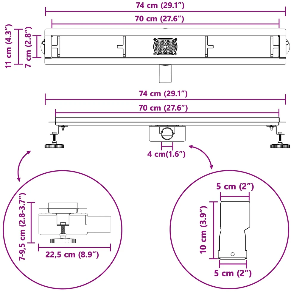 Dušo nuotekų 2-in-1 su 360° sifonu Juoda 70 cm