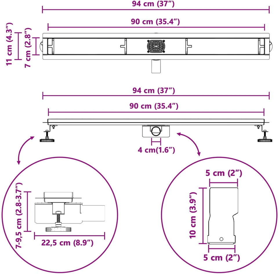 Dušo nuotekų 2-in-1 su 360° sifonu Juoda 90 cm