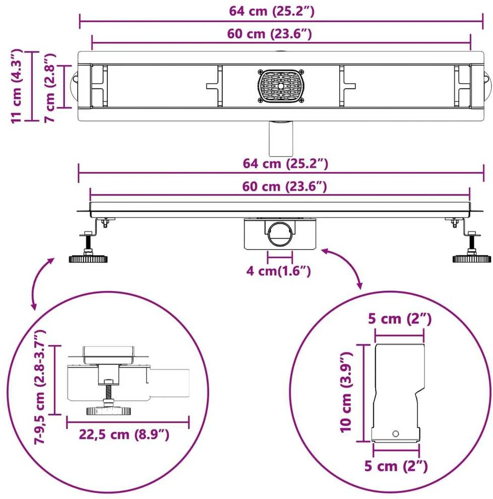 Dušo nuotekų 2-in-1 su 360° sifonu Juoda 60 cm