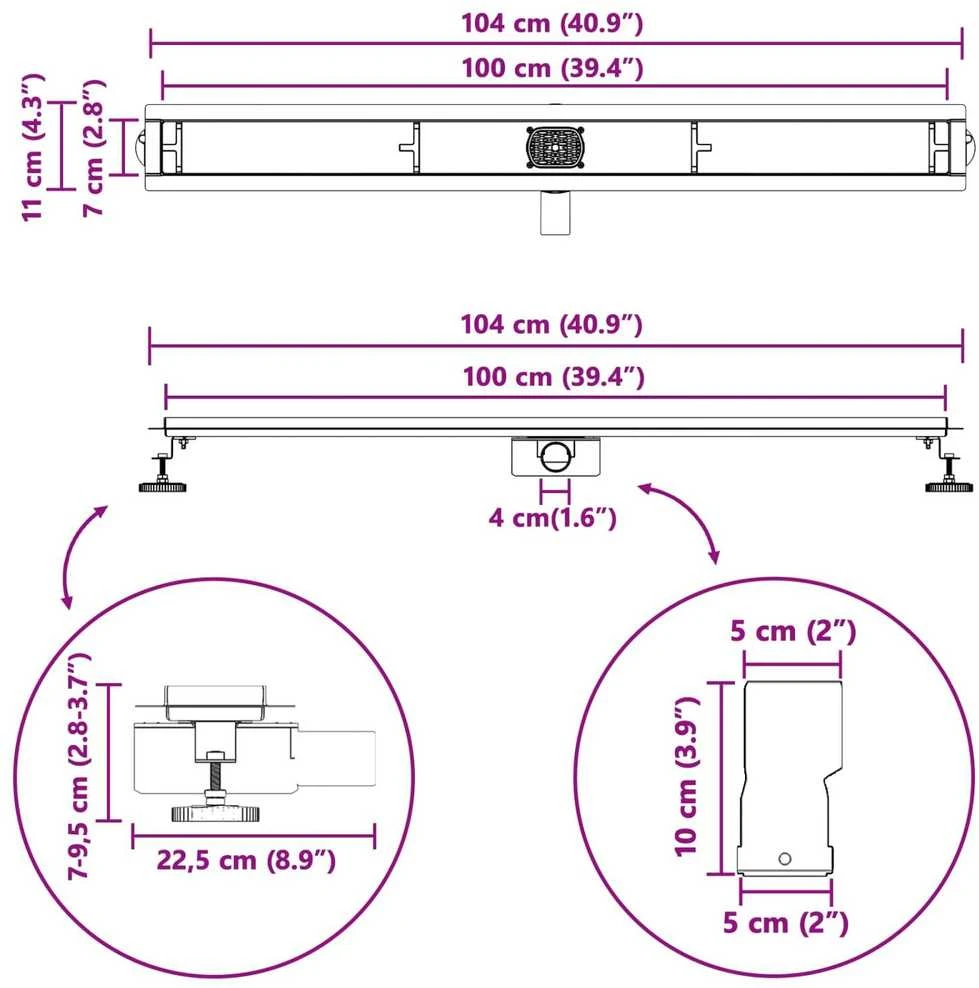 Dušo nuotekų 2-in-1 su 360° sifonu Juoda 100 cm