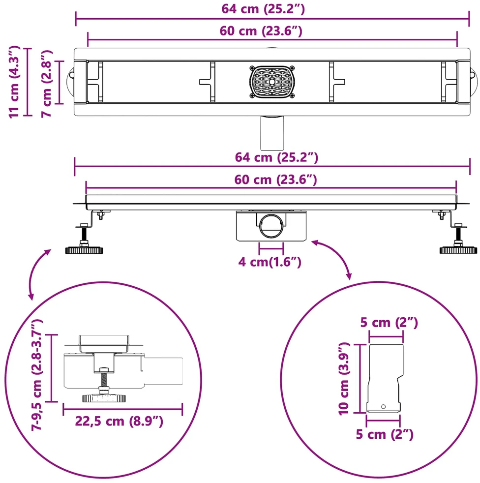 Dušo nuotekų 2-in-1 su 360° sifonu Sidabrinė 60 cm