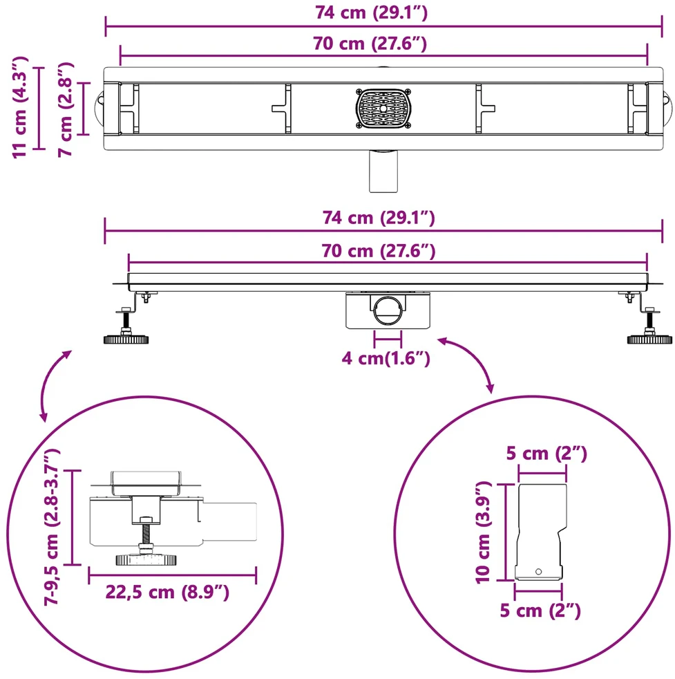 Dušo nuotekų 2-in-1 su 360° sifonu Sidabrinė 70 cm