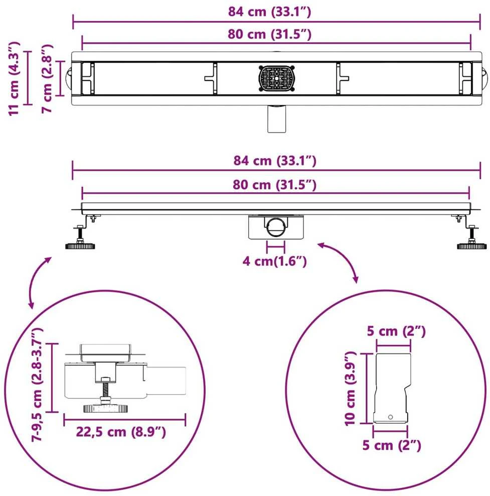 Dušo nuotekų 2-in-1 su 360° sifonu Sidabrinė 80 cm
