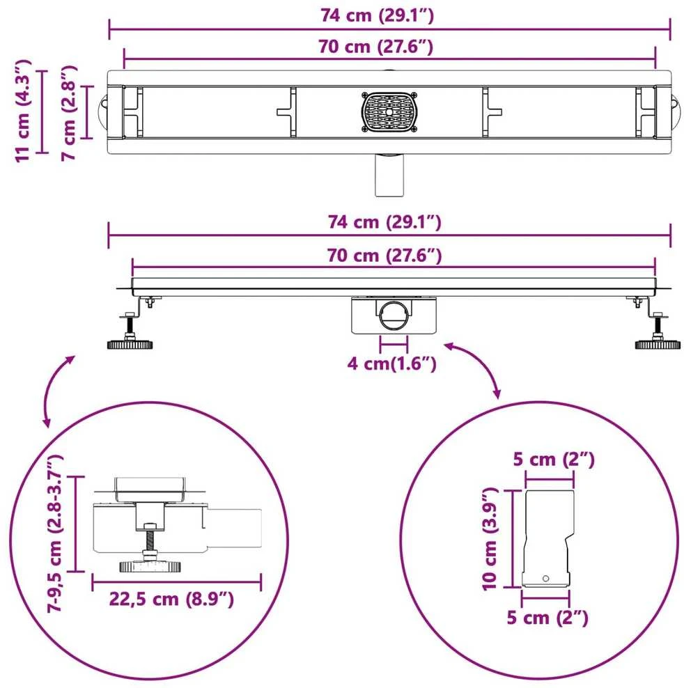 Dušo nuotekų 2-in-1 su 360° sifonu Sidabrinė 70 cm