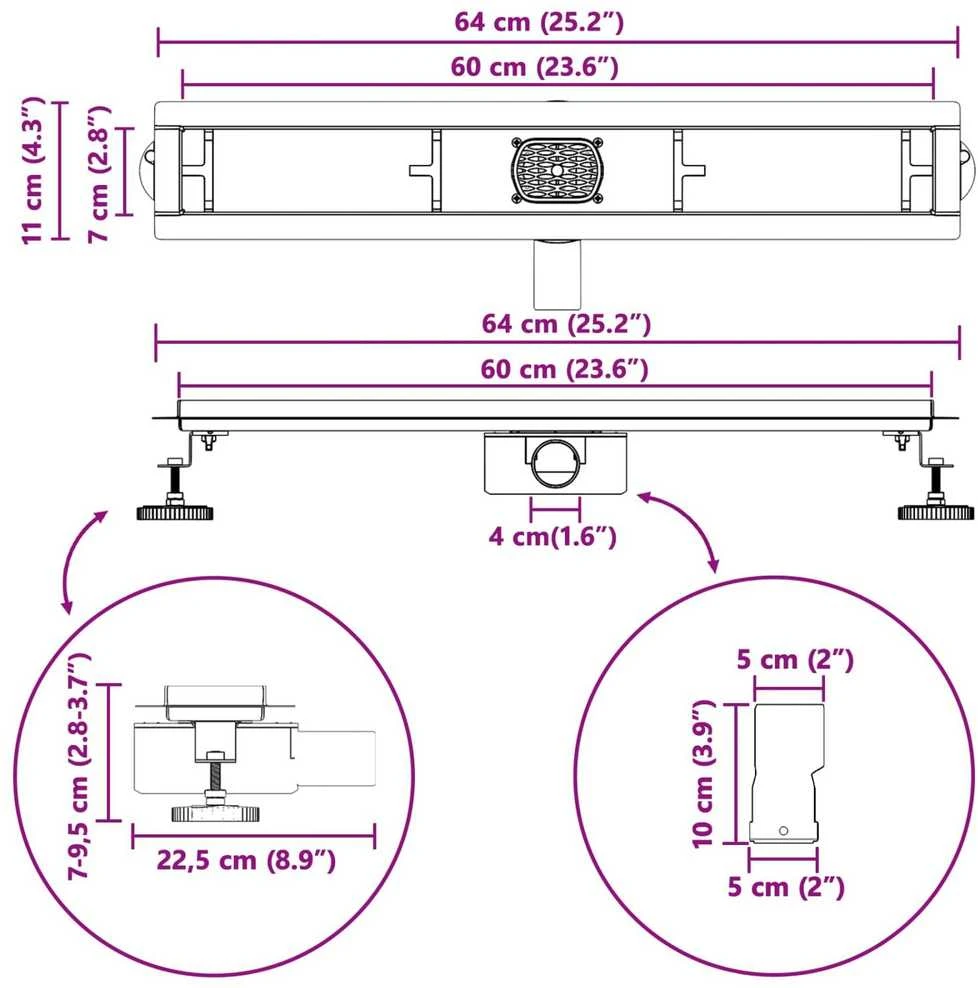 Dušo nuotekų 2-in-1 su 360° sifonu Sidabrinė 60 cm
