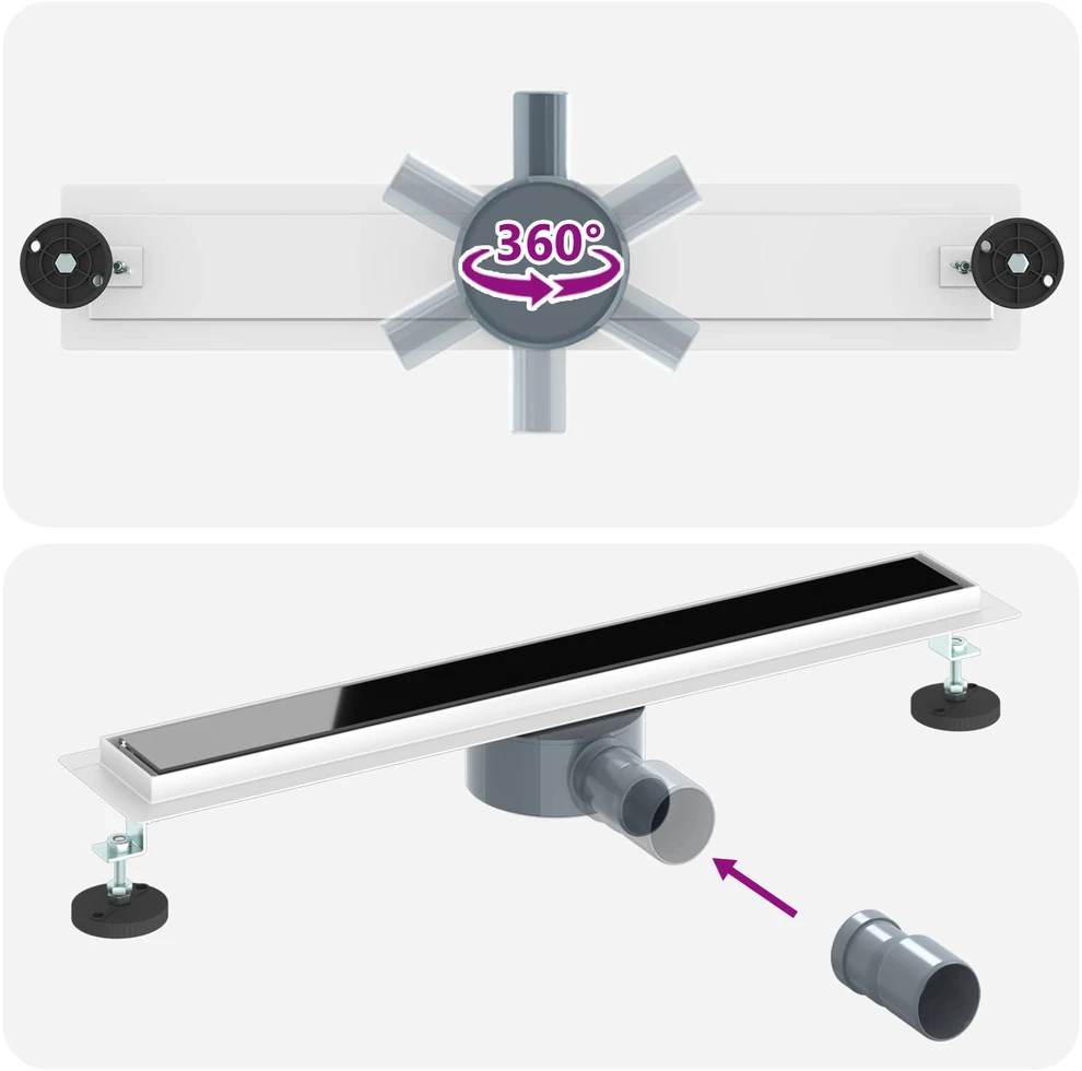 Dušo nuotekų stiklinis dangtelis su 360° sifonu Juoda 60 cm