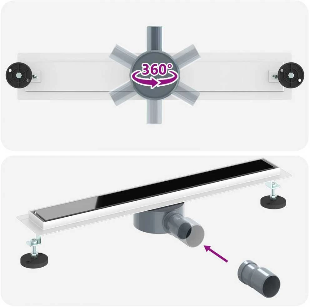 Dušo nuotekų stiklinis dangtelis su 360° sifonu Juoda 60 cm