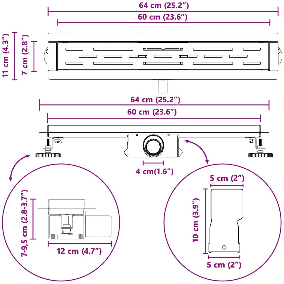 Dušo nutekėjimas su linijiniu dizainu Sidabro 60 cm