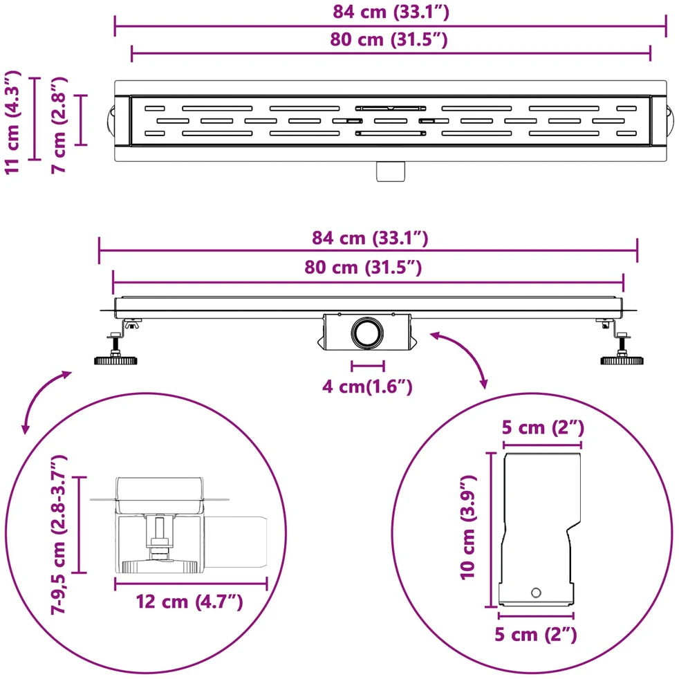 Dušo nutekėjimas su linijiniu dizainu Sidabro 80 cm