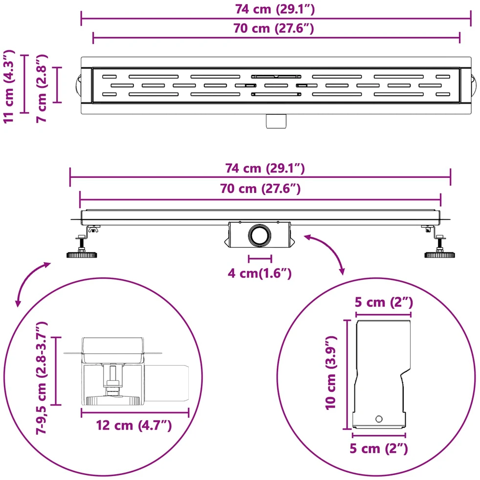 Dušo nutekėjimas su linijiniu dizainu Sidabro 70 cm