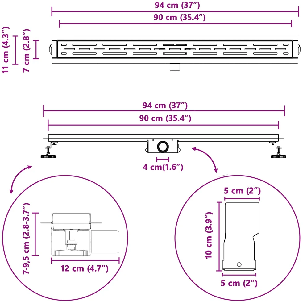 Dušo nutekėjimas su linijiniu dizainu Sidabro 90 cm