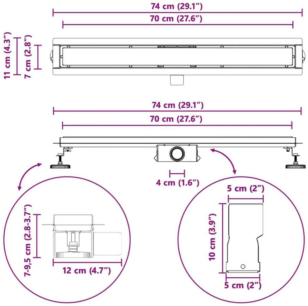 Dušo nutekėjimas su stiklo dangteliu Juoda 70 cm