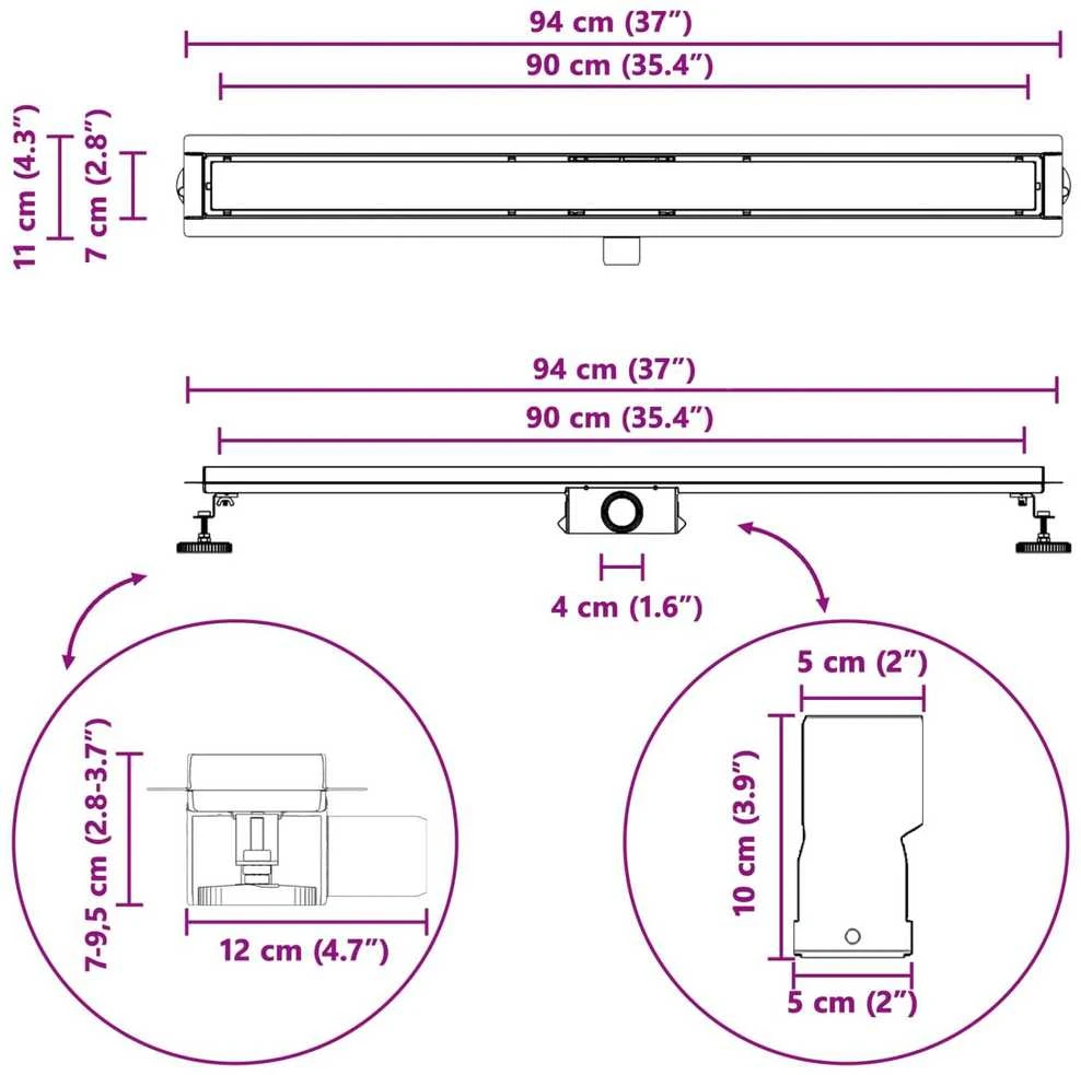 Dušo nutekėjimas su stiklo dangteliu Juoda 90 cm