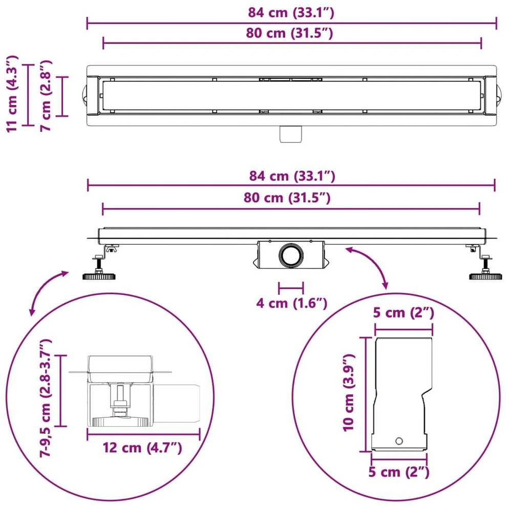 Dušo nutekėjimas su stiklo dangteliu Juoda 80 cm