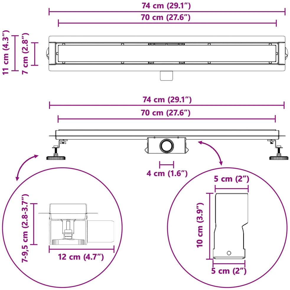 Dušo nutekėjimas su stiklo dangteliu Juoda 70 cm
