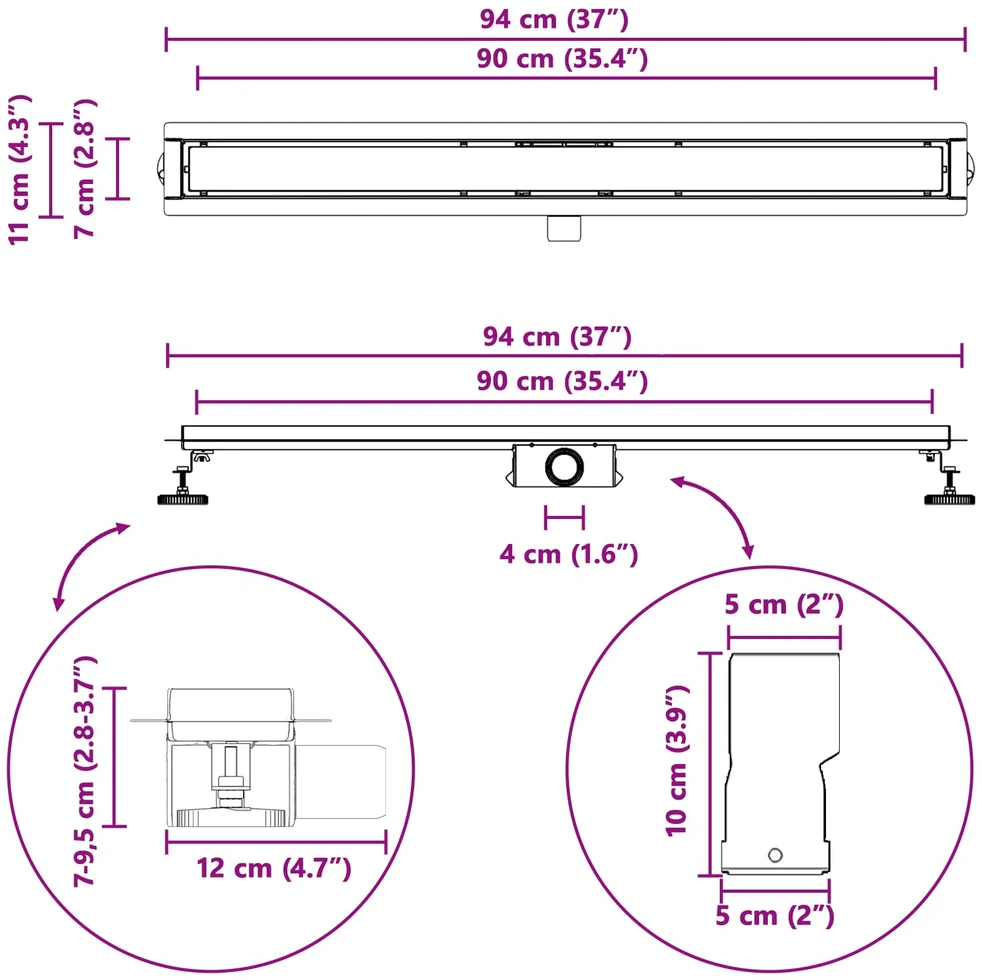 Dušo nutekėjimas su stiklo dangteliu Juoda 90 cm