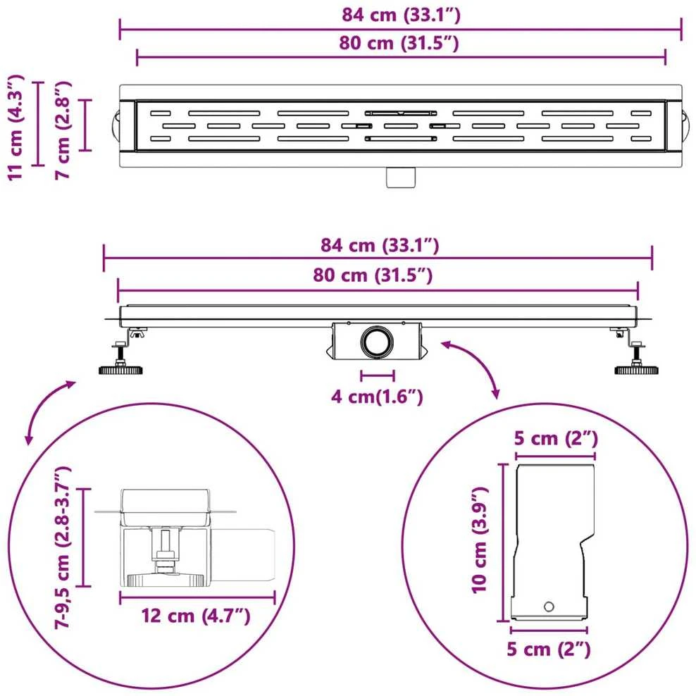 Dušo nutekėjimas su linijiniu dizainu Sidabro 80 cm