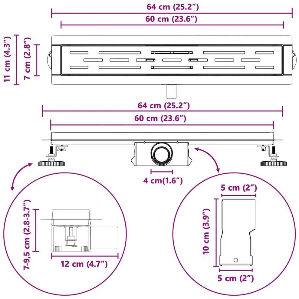 Dušo nutekėjimas su linijiniu dizainu Sidabro 60 cm