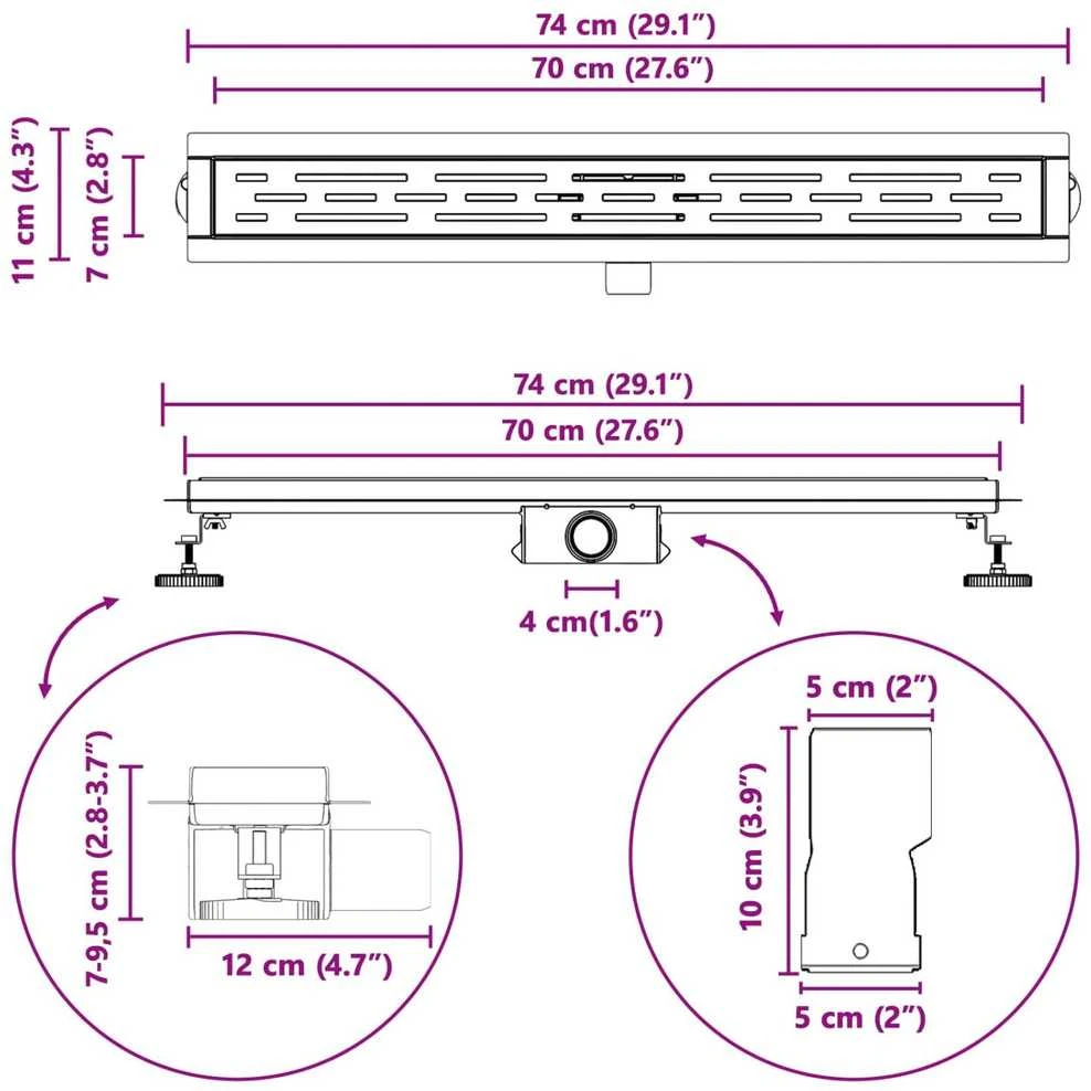 Dušo nutekėjimas su linijiniu dizainu Sidabro 70 cm