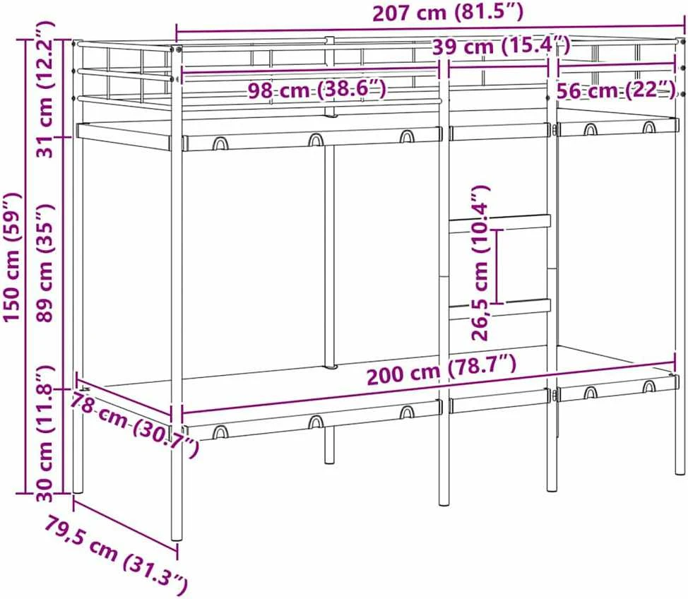 Dviaukštė lova be čiužinio Juoda 80x200 cm Plienas