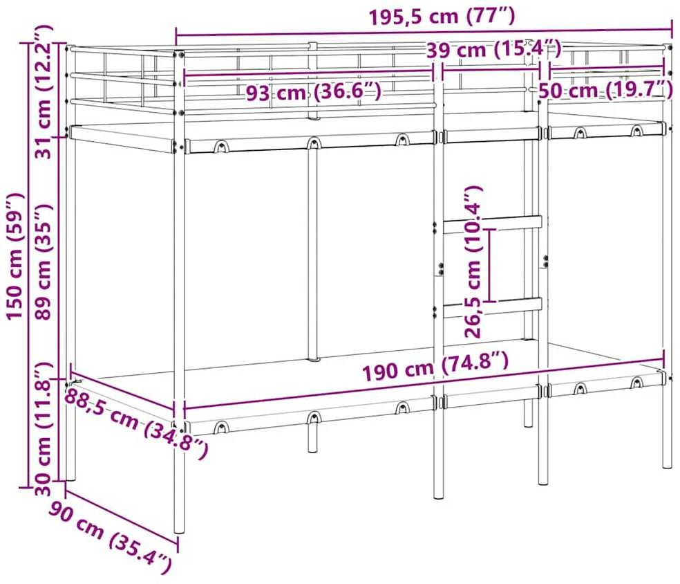 Dviaukštė lova be čiužinio Juoda 90x190 cm Plienas